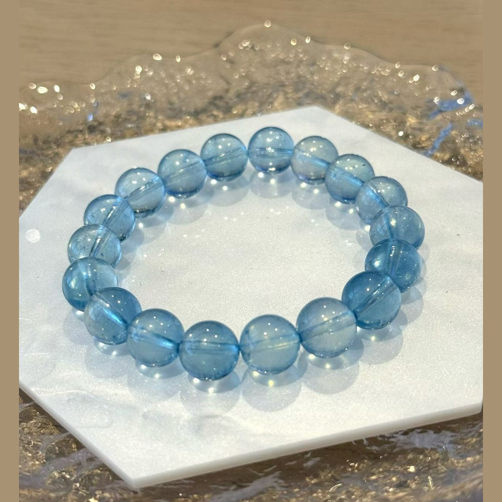 8.5 -9.0 mm Premium Aquamarine Blue Crystal Beaded Bracelet, Adjustable 14-17 cm