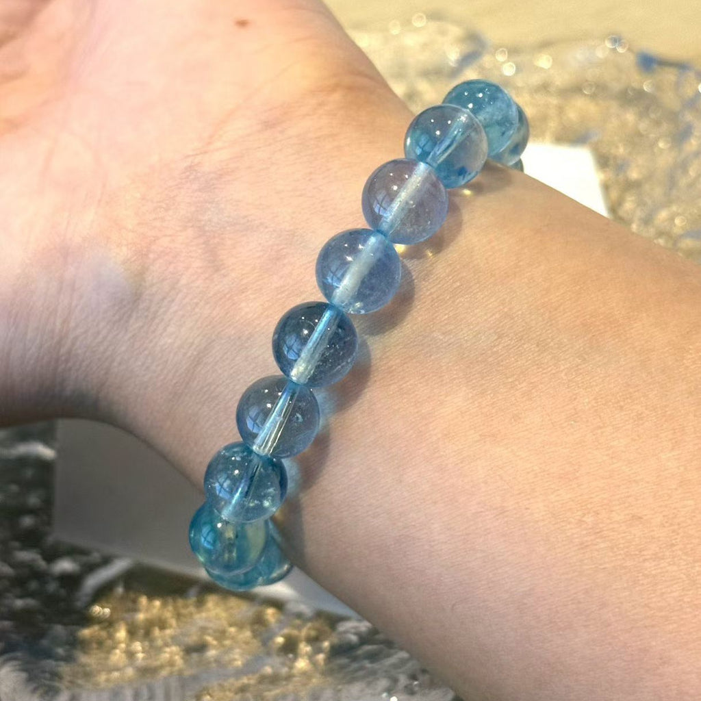8.5 -9.0 mm Premium Aquamarine Blue Crystal Beaded Bracelet, Adjustable 14-17 cm