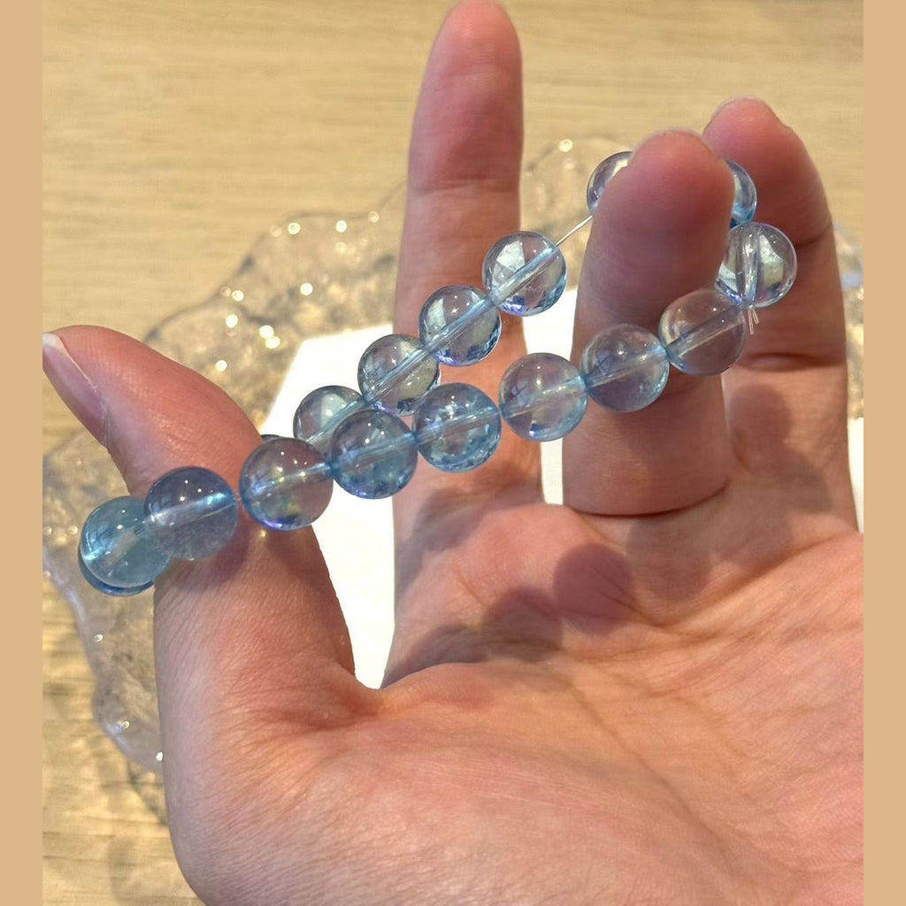8.5 -9.0 mm Premium Aquamarine Blue Crystal Beaded Bracelet, Adjustable 14-17 cm