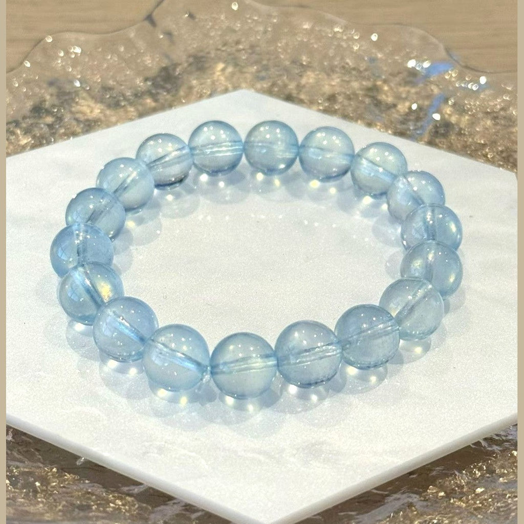 9.0-9.5 mm Aquamarine Light Blue Crystal Beaded Bracelet, Adjustable 14-17 cm