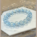 9.0-9.5 mm Aquamarine Light Blue Crystal Beaded Bracelet, Adjustable 14-17 cm