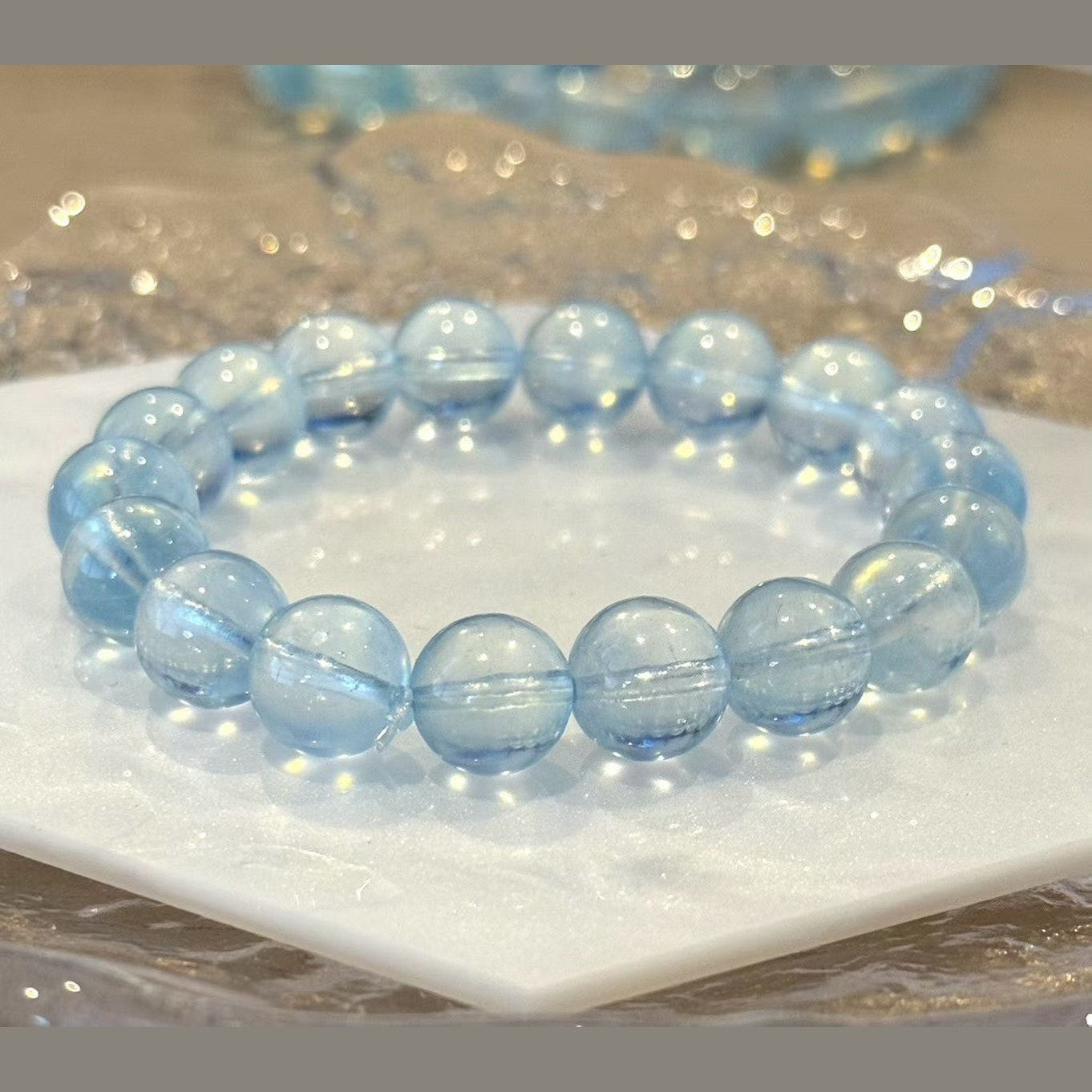 9.0-9.5 mm Aquamarine Light Blue Crystal Beaded Bracelet, Adjustable 14-17 cm