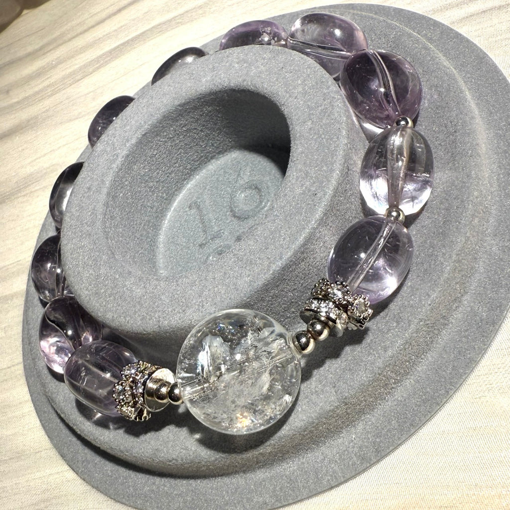 Bolivian Amethyst & Azeztulite Clear Quartz 16cm Bracelet, 9.5-10mm & 15.5mm