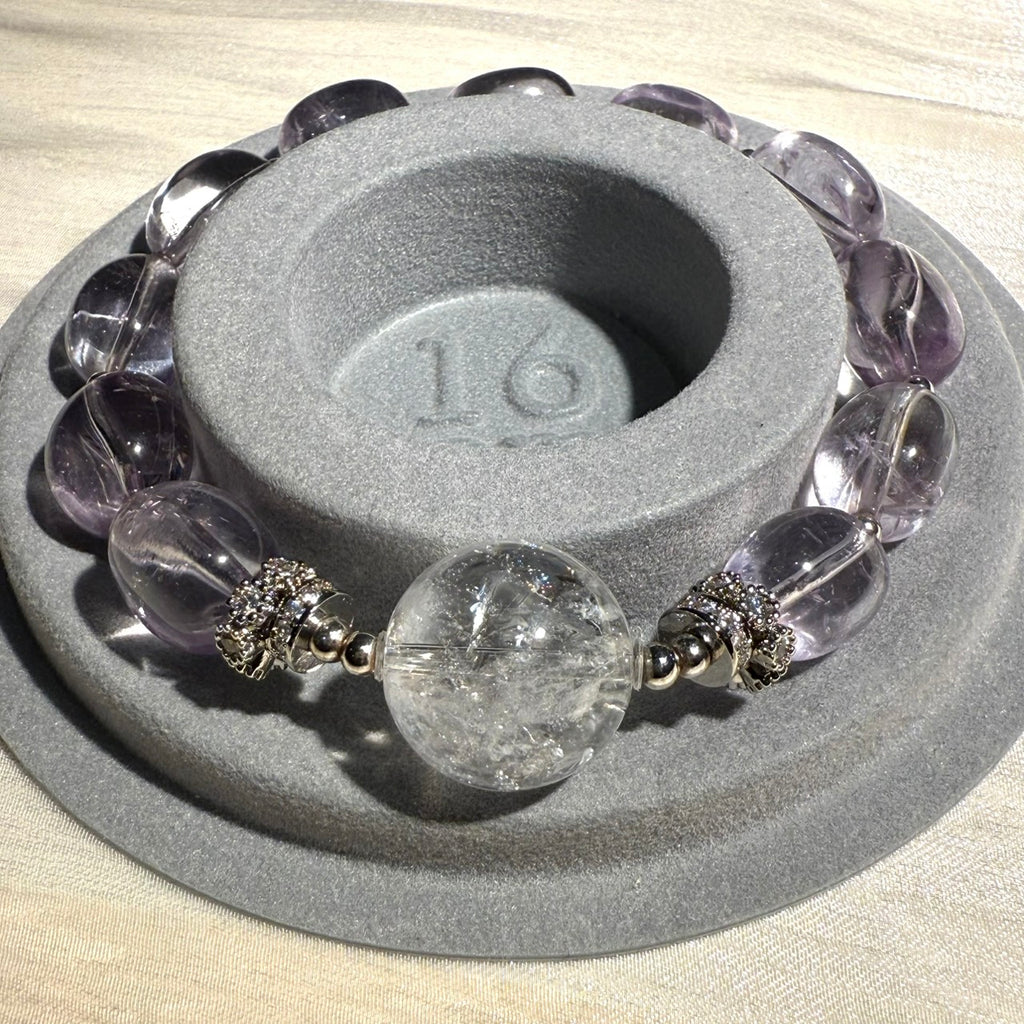 Bolivian Amethyst & Azeztulite Clear Quartz 16cm Bracelet, 9.5-10mm & 15.5mm