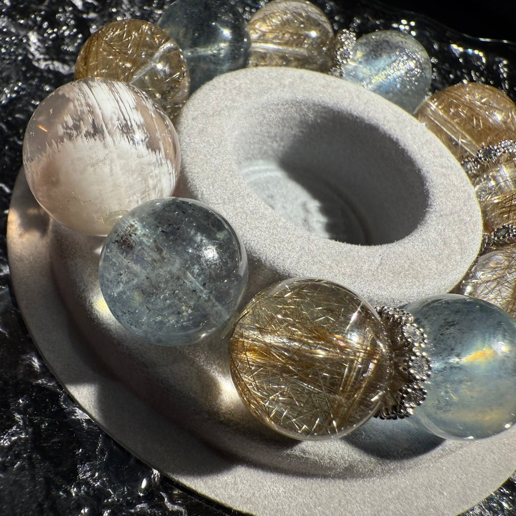 16mm -16.8mm & 18.5mm Aquamarine & Silver Rutile Quartz Design Bracelet