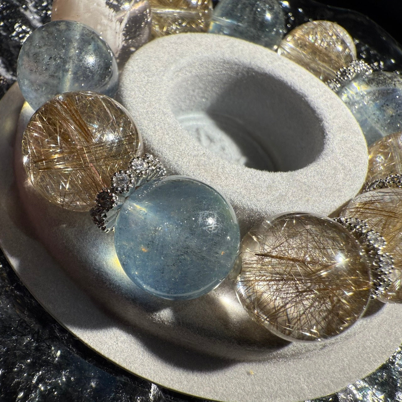 16mm -16.8mm & 18.5mm Aquamarine & Silver Rutile Quartz Design Bracelet