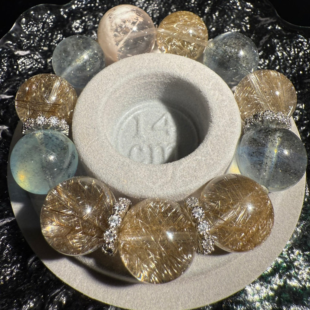 16mm -16.8mm & 18.5mm Aquamarine & Silver Rutile Quartz Design Bracelet