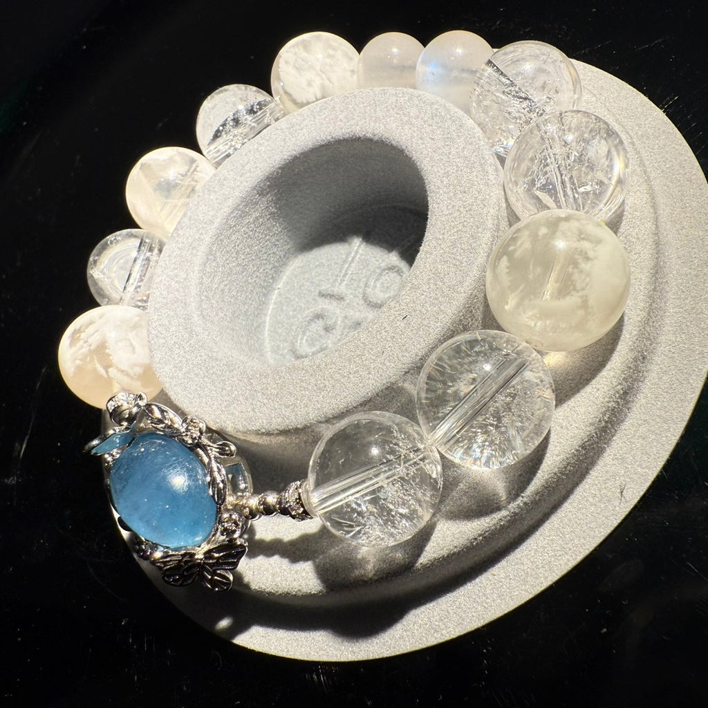 Aquamarine, Azeztulite, Snow Phantom Quartz 16cm Bracelet, 13.5 -14.5mm & 11.5mm