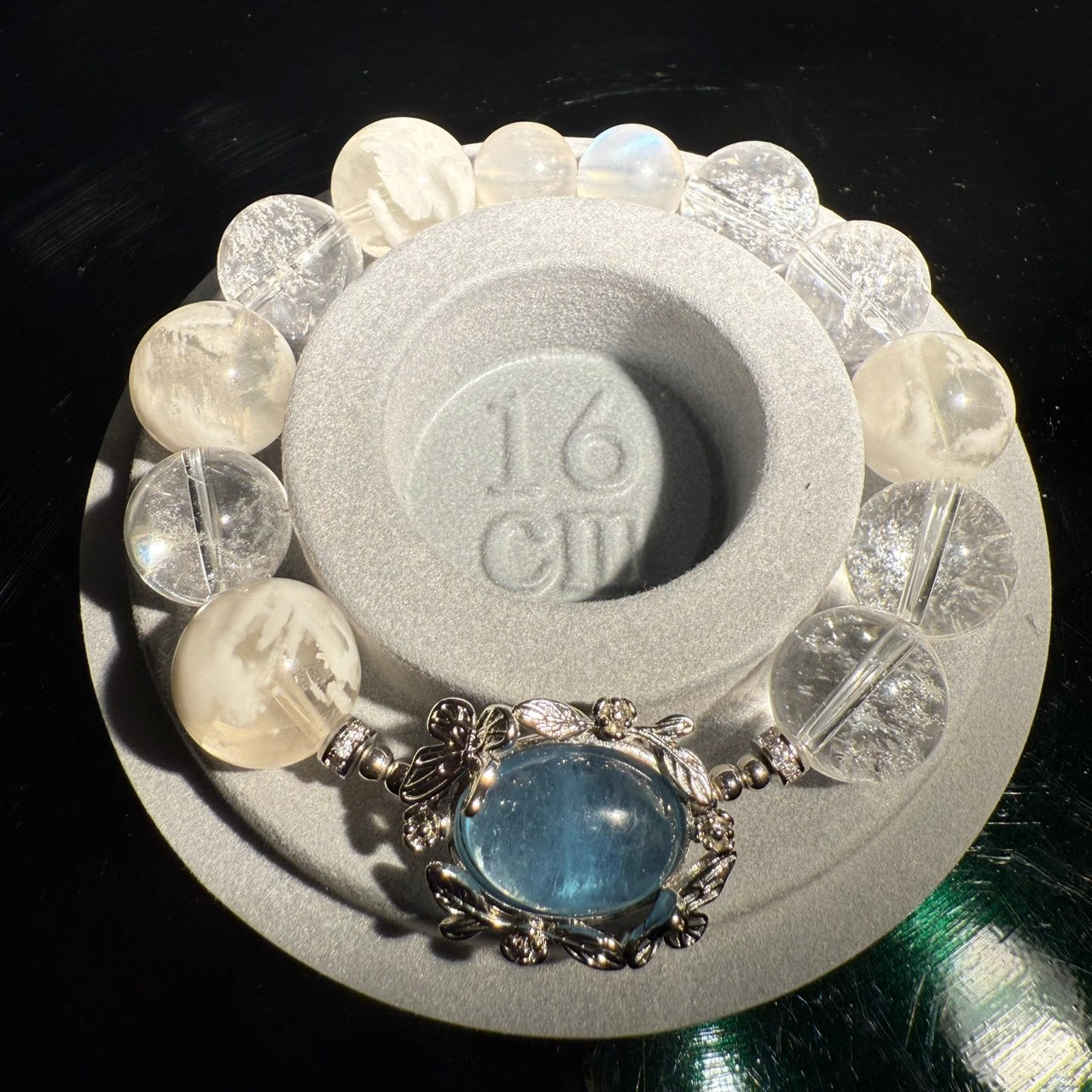 Aquamarine, Azeztulite, Snow Phantom Quartz 16cm Bracelet, 13.5 -14.5mm & 11.5mm