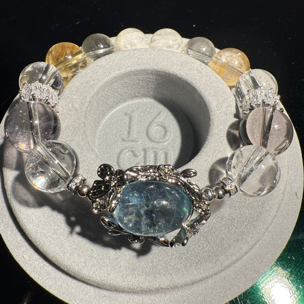 Aquamarine, Amethyst, Yellow & Clear Azeztulite, Green Garden, Snow Phantom Quartz 16cm Bracelet, 11.5-12.5mm