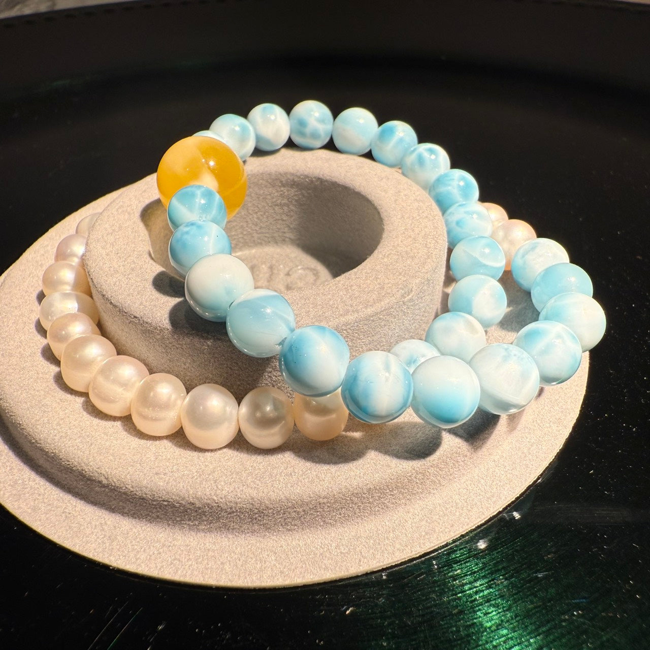 Larimar Stone, Beeswax Amber, Pearl Bracelet, 7.5 -8mm & 12mm (suit 15cm)