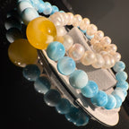 Larimar Stone, Beeswax Amber, Pearl Bracelet, 7.5 -8mm & 12mm (suit 15cm)