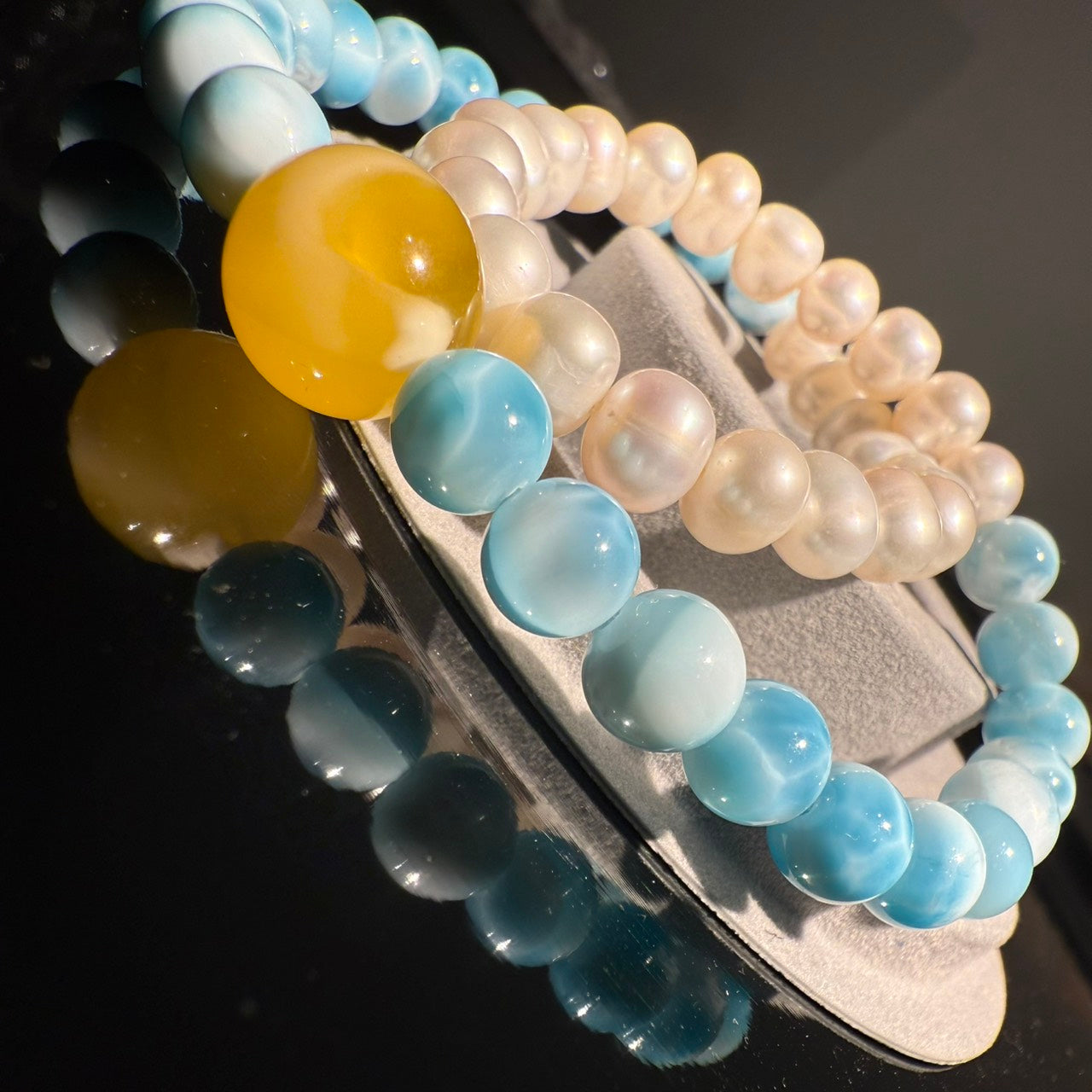 Larimar Stone, Beeswax Amber, Pearl Bracelet, 7.5 -8mm & 12mm (suit 15cm)