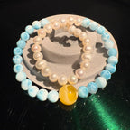 Larimar Stone, Beeswax Amber, Pearl Bracelet, 7.5 -8mm & 12mm (suit 15cm)