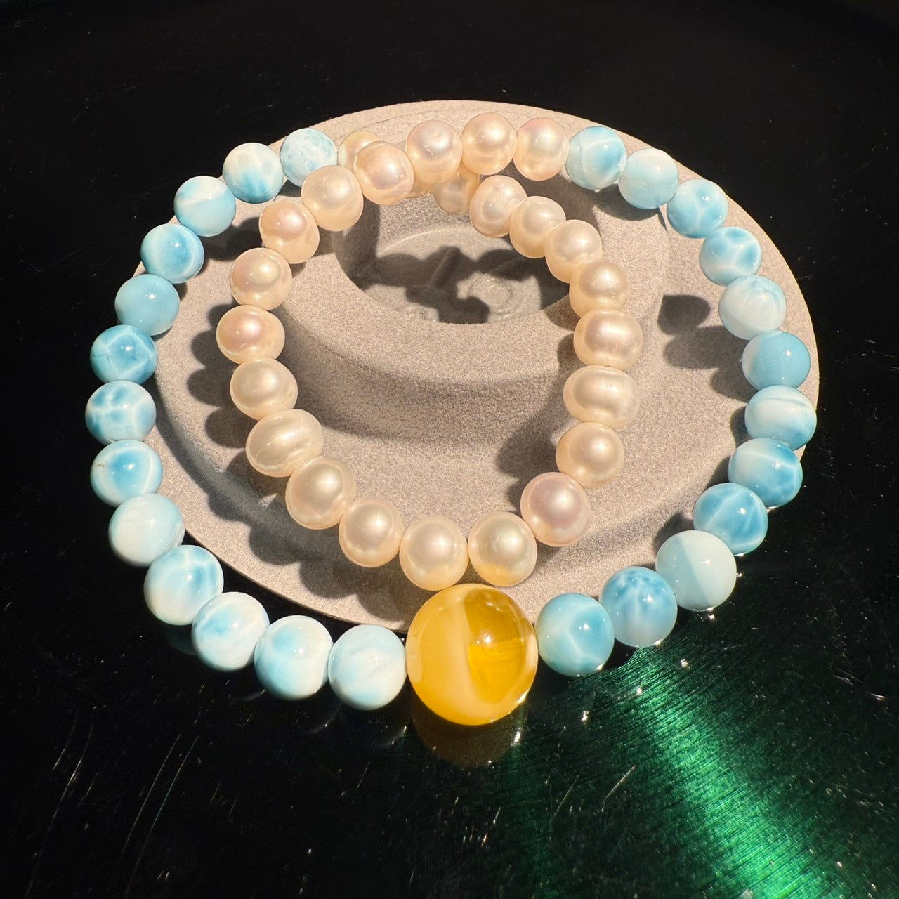 Larimar Stone, Beeswax Amber, Pearl Bracelet, 7.5 -8mm & 12mm (suit 15cm)