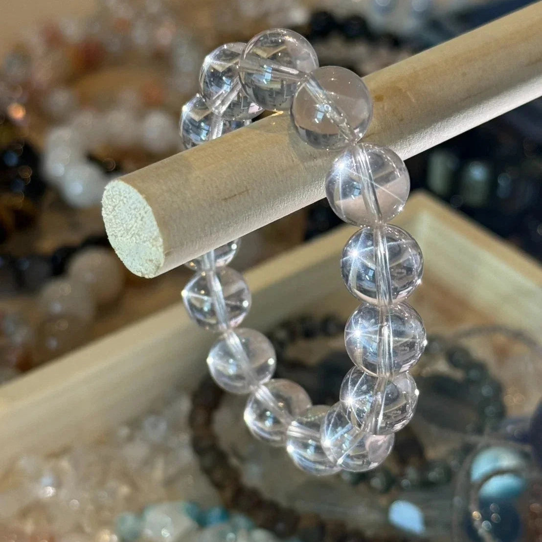 12 - 12.5 mm Natural Icy Orange Rose Quartz Crystal Beaded Bracelet, Adjustable 14-17 cm