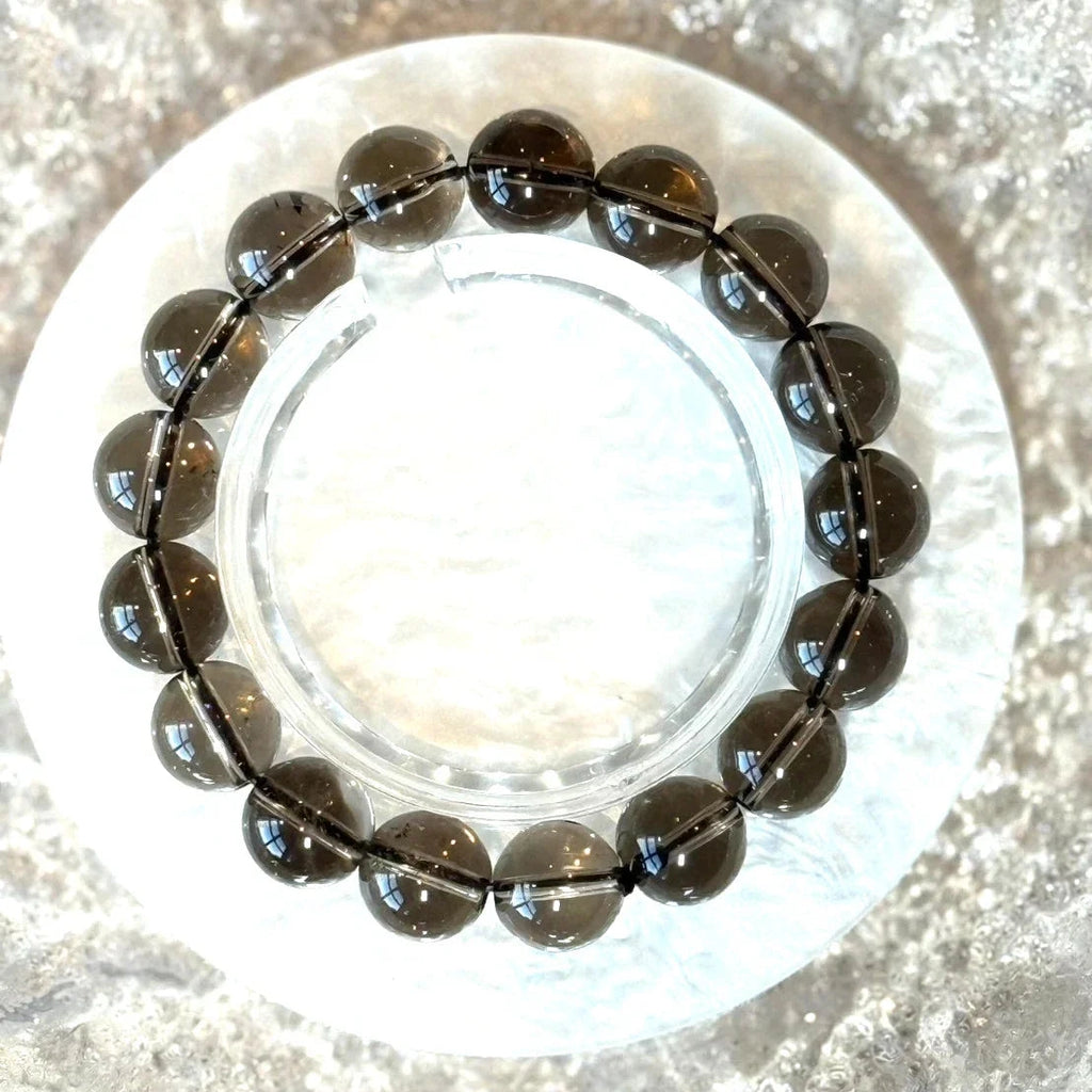 12 mm Natural Smoky Quartz Crystal Beaded Stretch Bracelet 14-17cm Adjustable