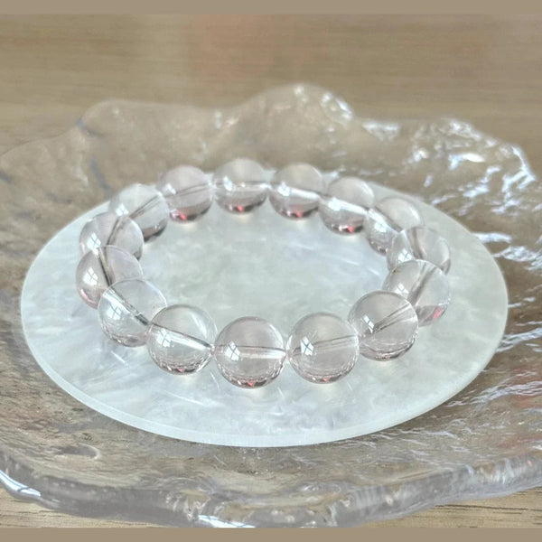 12 - 12.5 mm Natural Icy Orange Rose Quartz Crystal Beaded Bracelet, Adjustable 14-17 cm