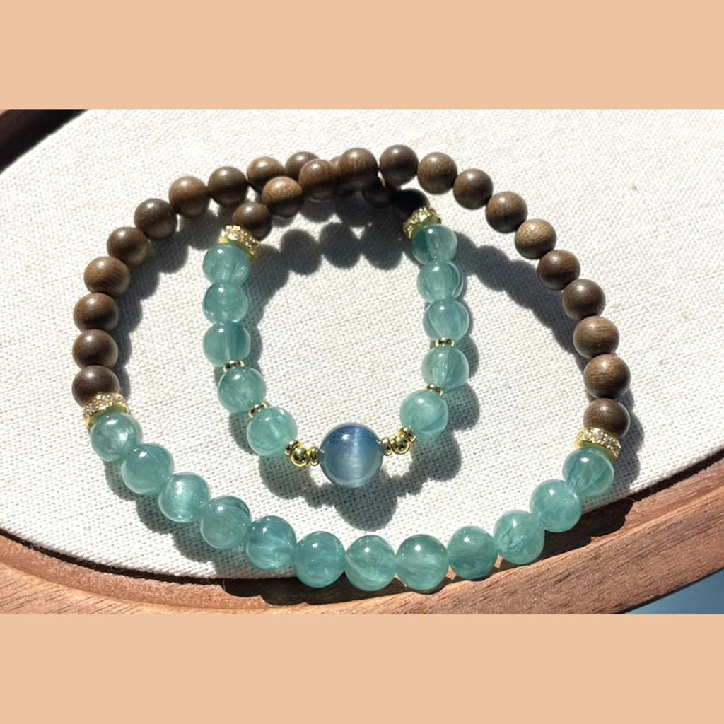 6-7mm Blue-Green Kyanite Agarwood Beaded Bracelet Gold-Tone 14-17cm Adjustable