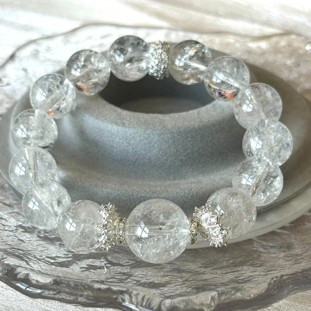 12mm & 15mm Clear Quartz Azeztulite Rainbow Play Crystal Beaded 15cm Bracelet