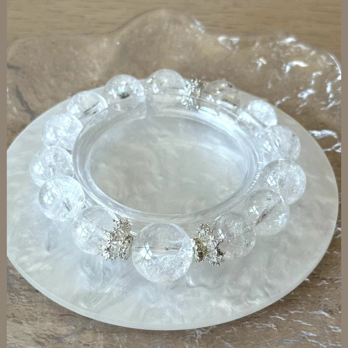 12mm & 15mm Clear Quartz Azeztulite Rainbow Play Crystal Beaded 15cm Bracelet