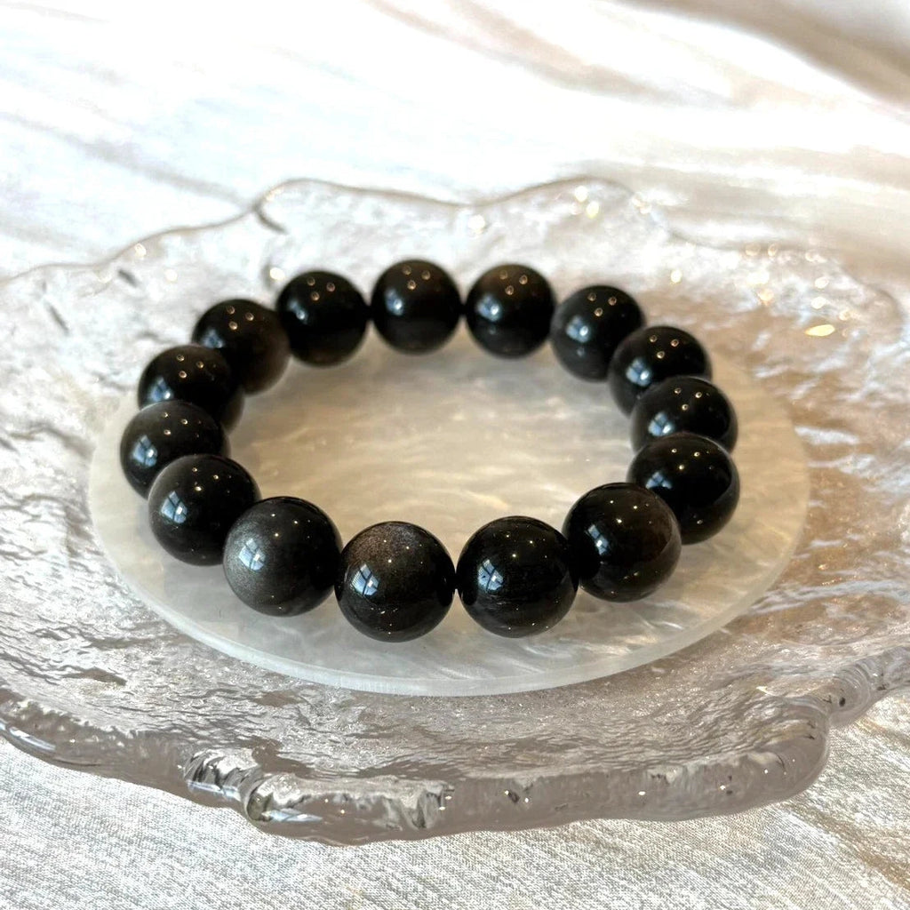 14mm Natural Silver Obsidian Gemstone Beaded Bracelet 14-17cm Adjustable