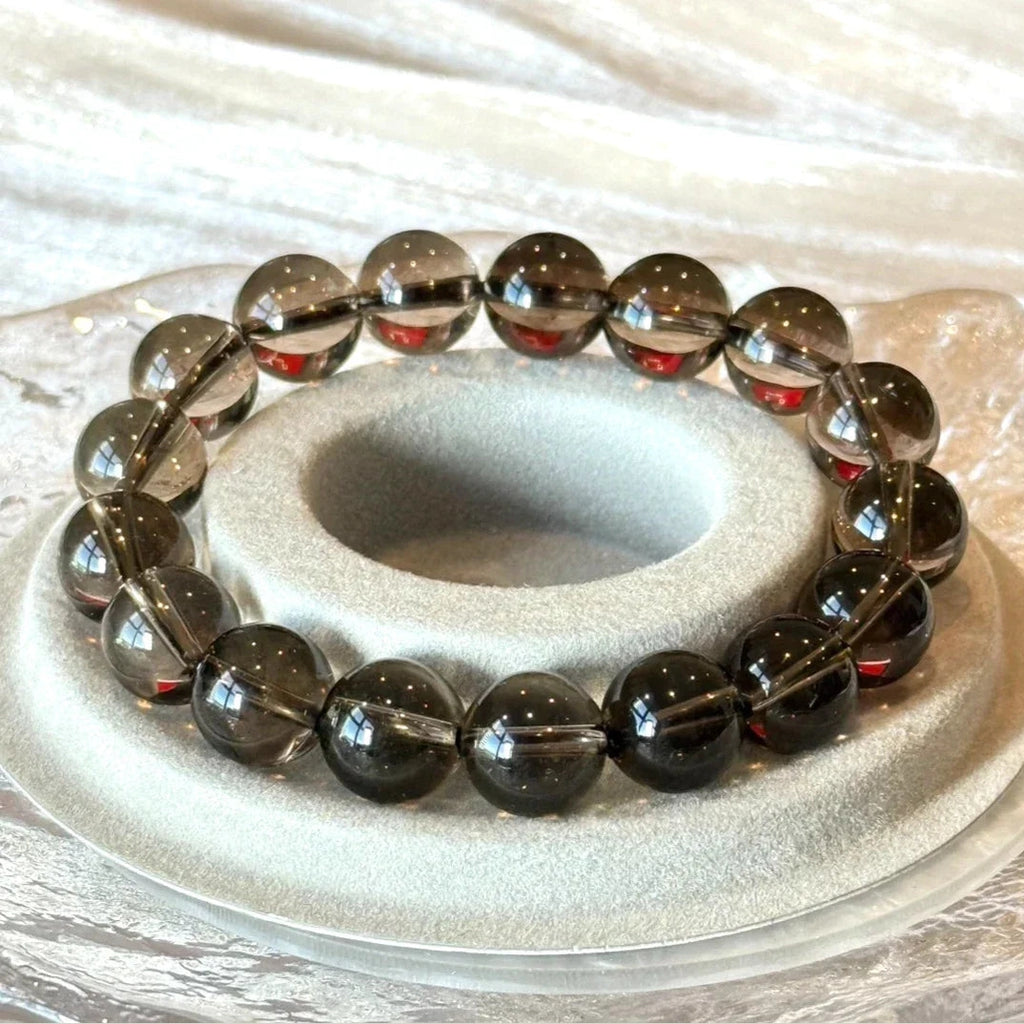 12 mm Natural Smoky Quartz Crystal Beaded Stretch Bracelet 14-17cm Adjustable