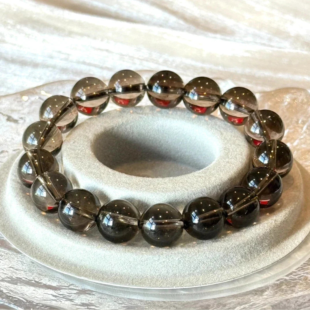12 mm Natural Smoky Quartz Crystal Beaded Stretch Bracelet 14-17cm Adjustable