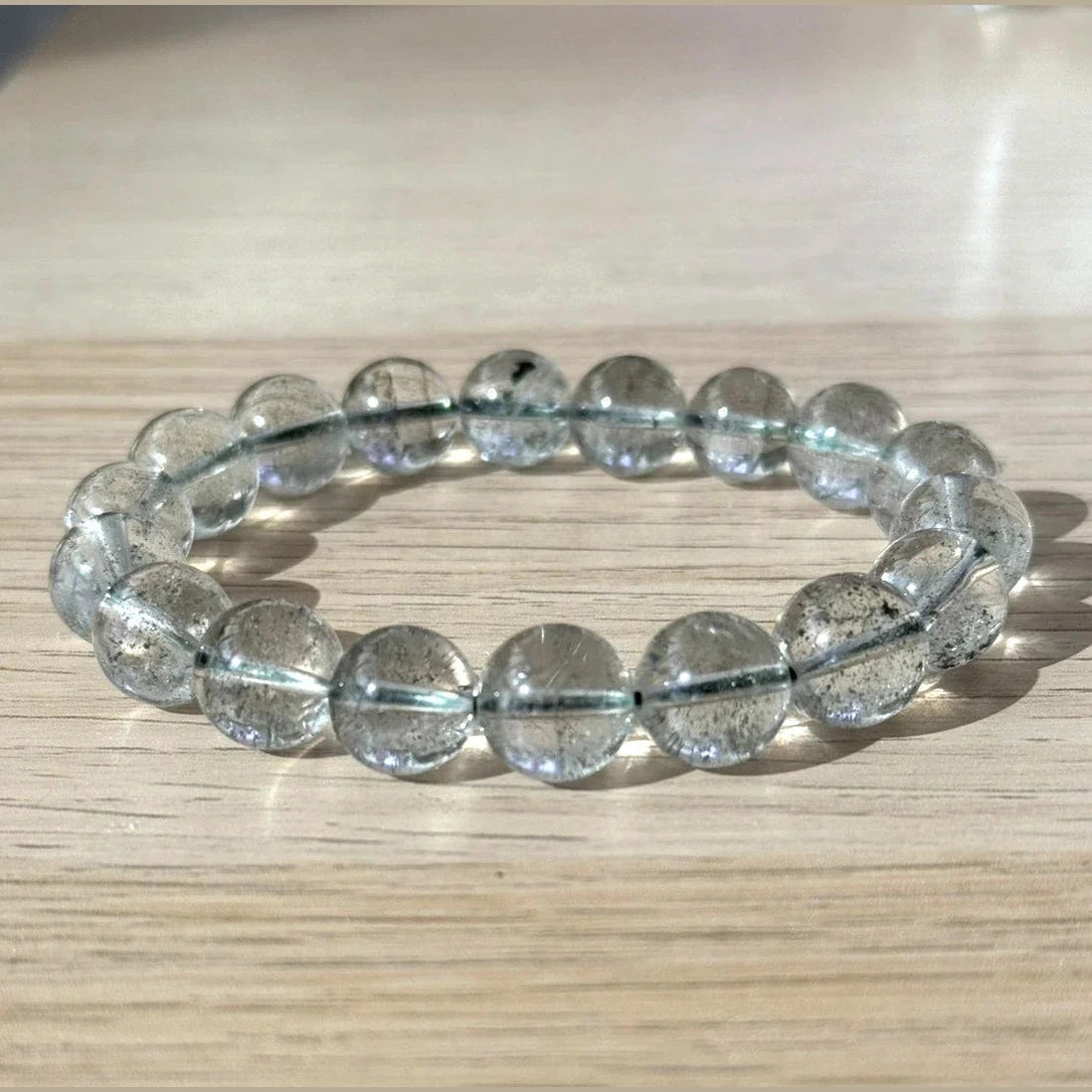 11-12 mm Clear Green Garden Quartz Crystal Beaded Bracelet, 14-17cm Adjustable