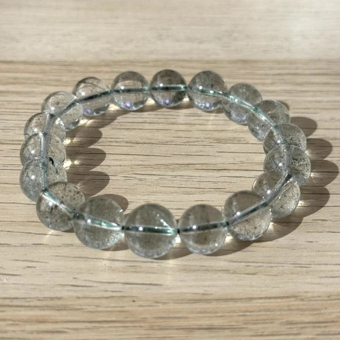 11-12 mm Clear Green Garden Quartz Crystal Beaded Bracelet, 14-17cm Adjustable