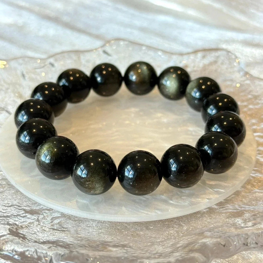 14 mm Natural Gold Obsidian Gemstone Beaded Bracelet 14-17cm Adjustable