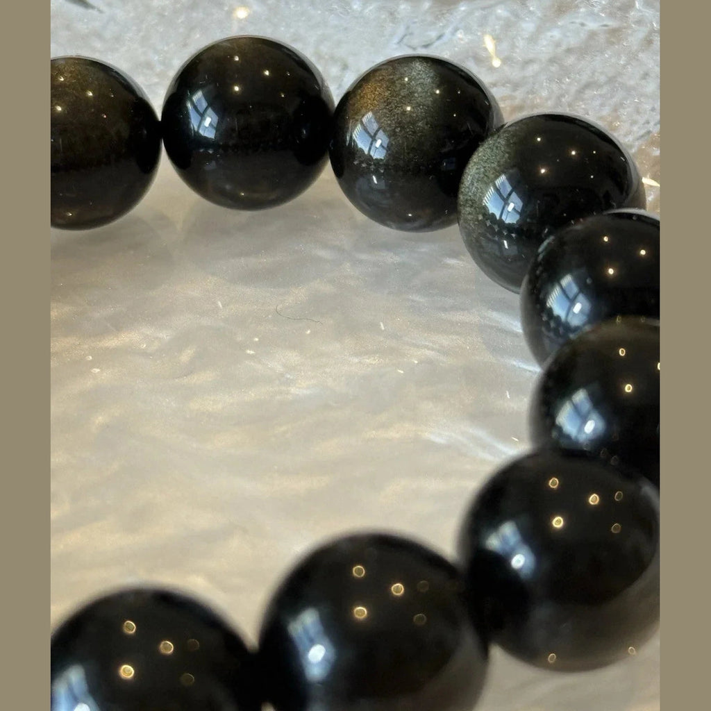 14 mm Natural Gold Obsidian Gemstone Beaded Bracelet 14-17cm Adjustable