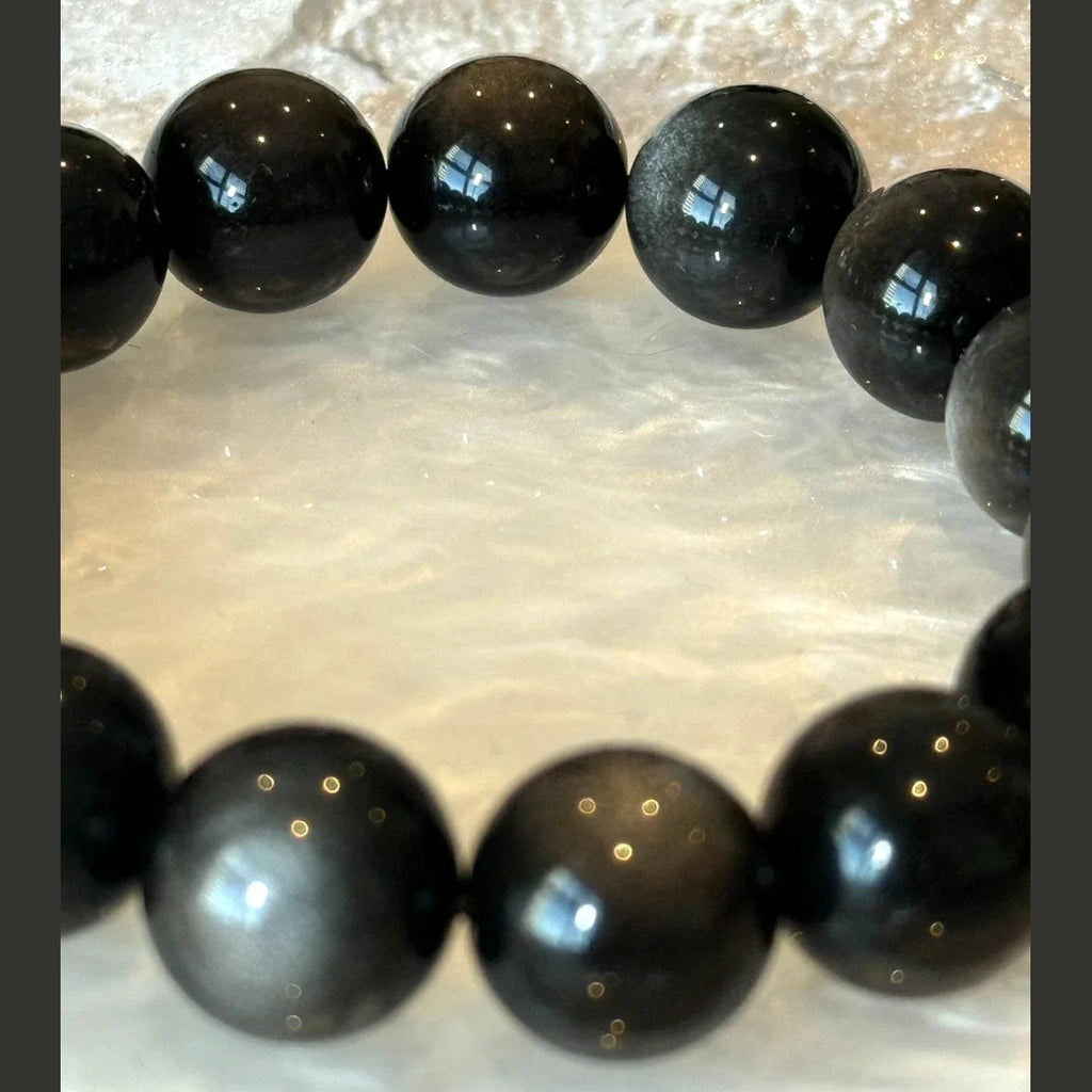 14mm Natural Silver Obsidian Gemstone Beaded Bracelet 14-17cm Adjustable