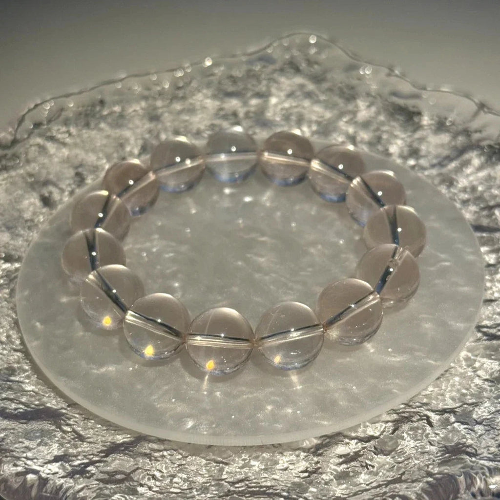 12 - 12.5 mm Natural Icy Orange Rose Quartz Crystal Beaded Bracelet, Adjustable 14-17 cm