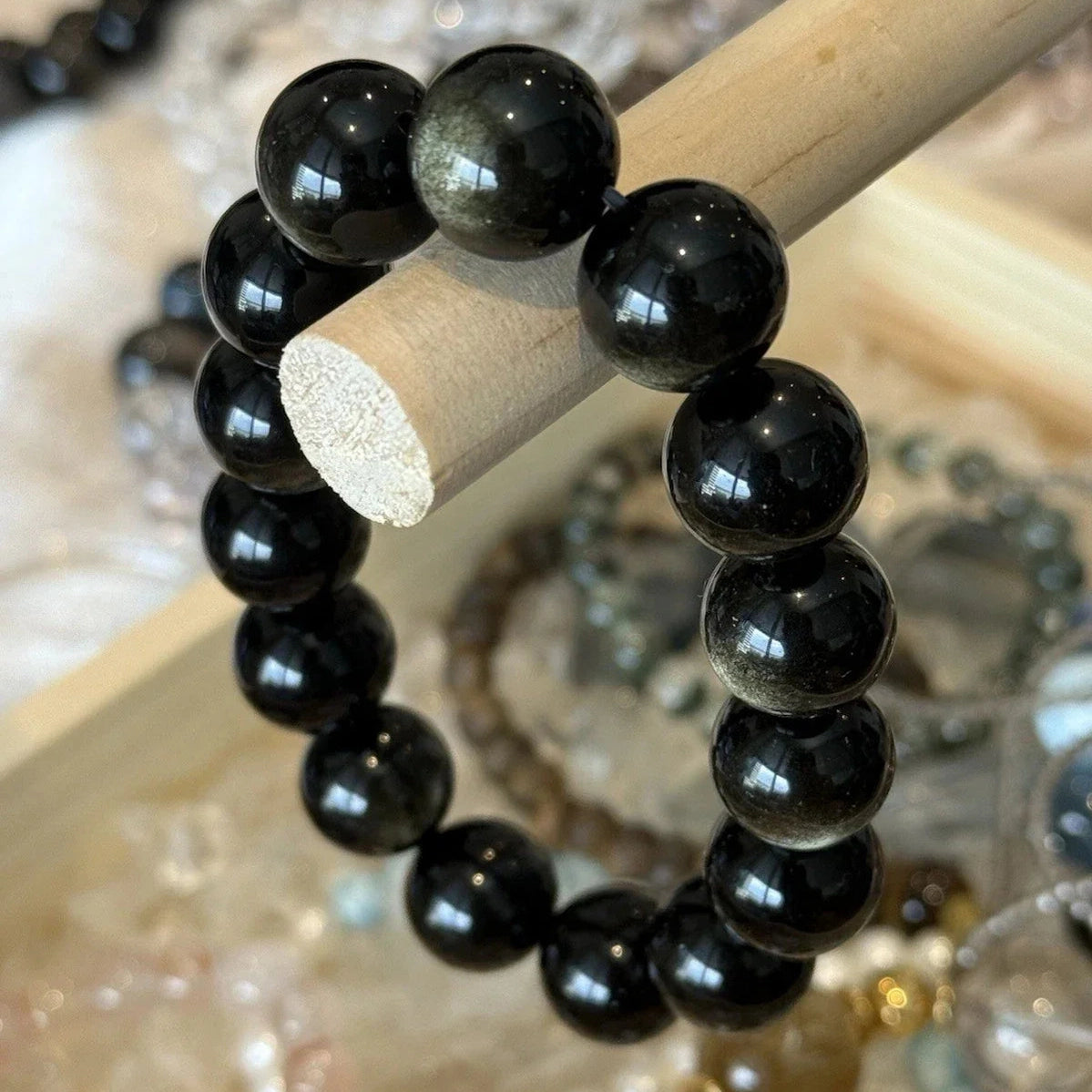 14 mm Natural Gold Obsidian Gemstone Beaded Bracelet 14-17cm Adjustable