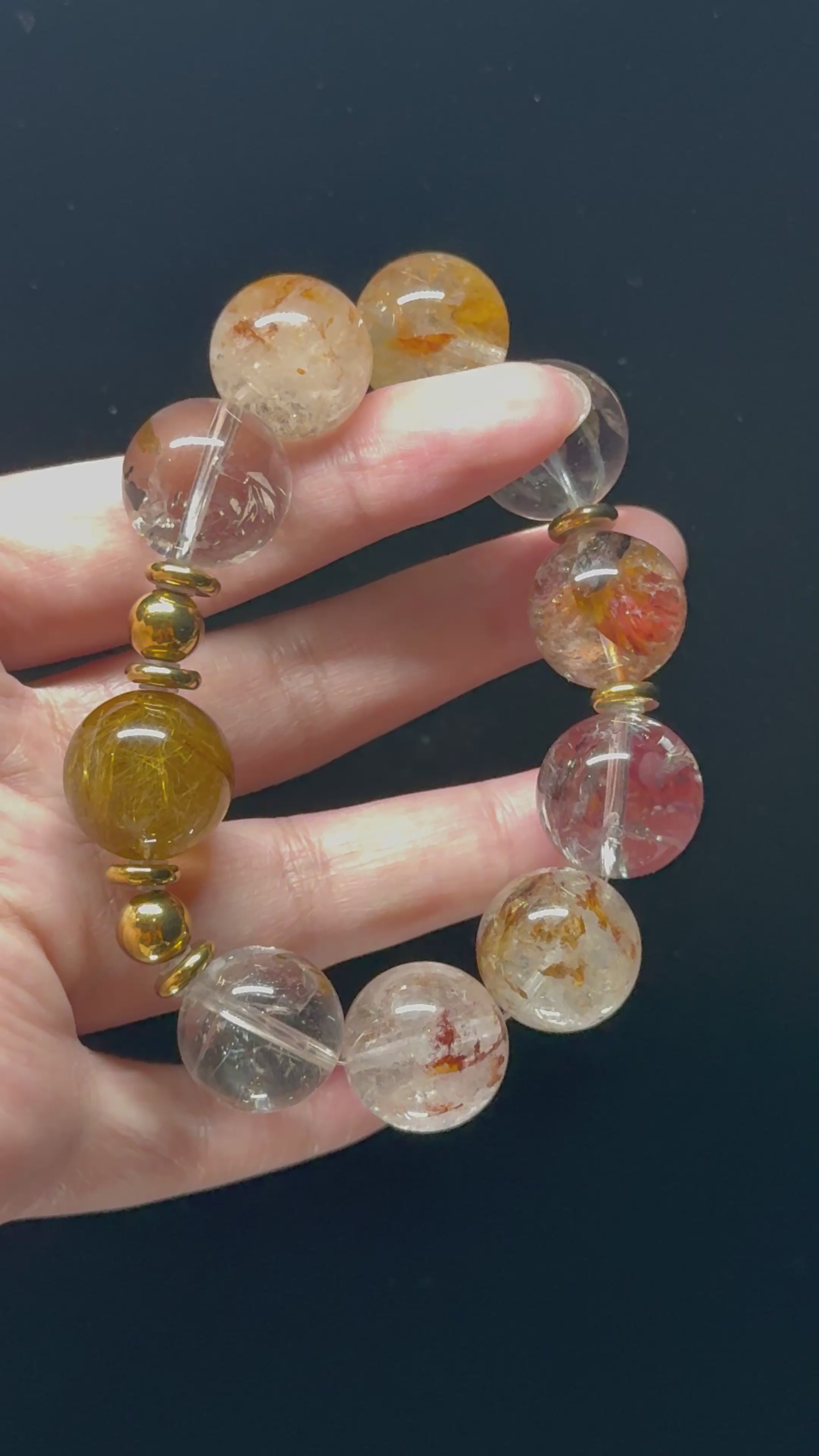 Golden Rutilated Quartz & Elestial Quartz Rainbow-Play Design Bracelet  17mm-18mm
