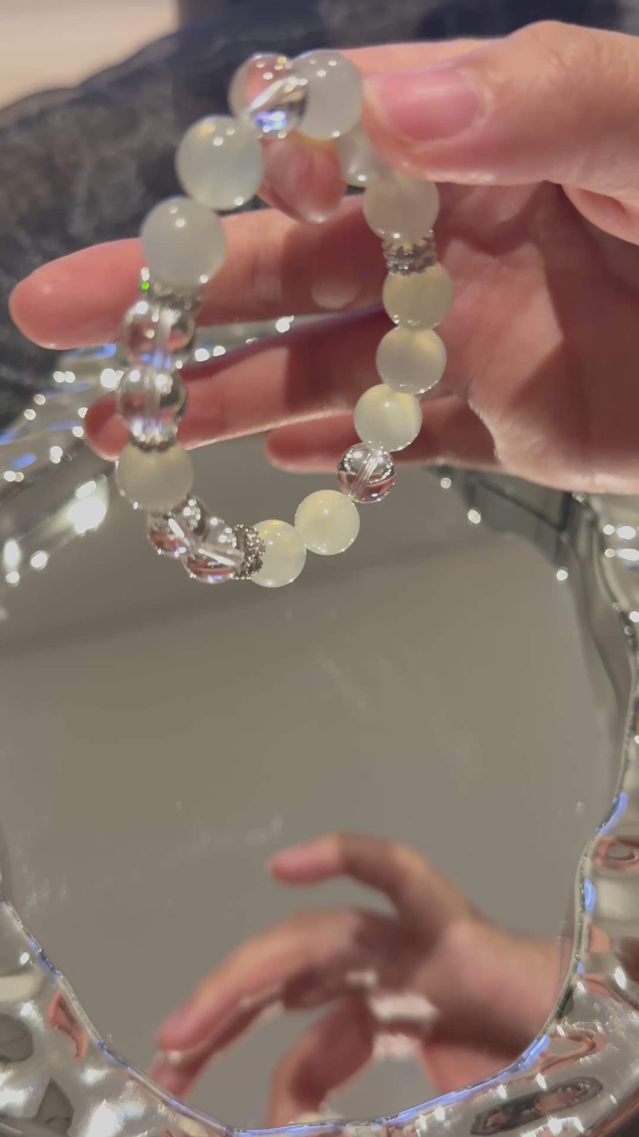 White Moonstone & Clear Quartz 15cm Design Bracelet, 10mm