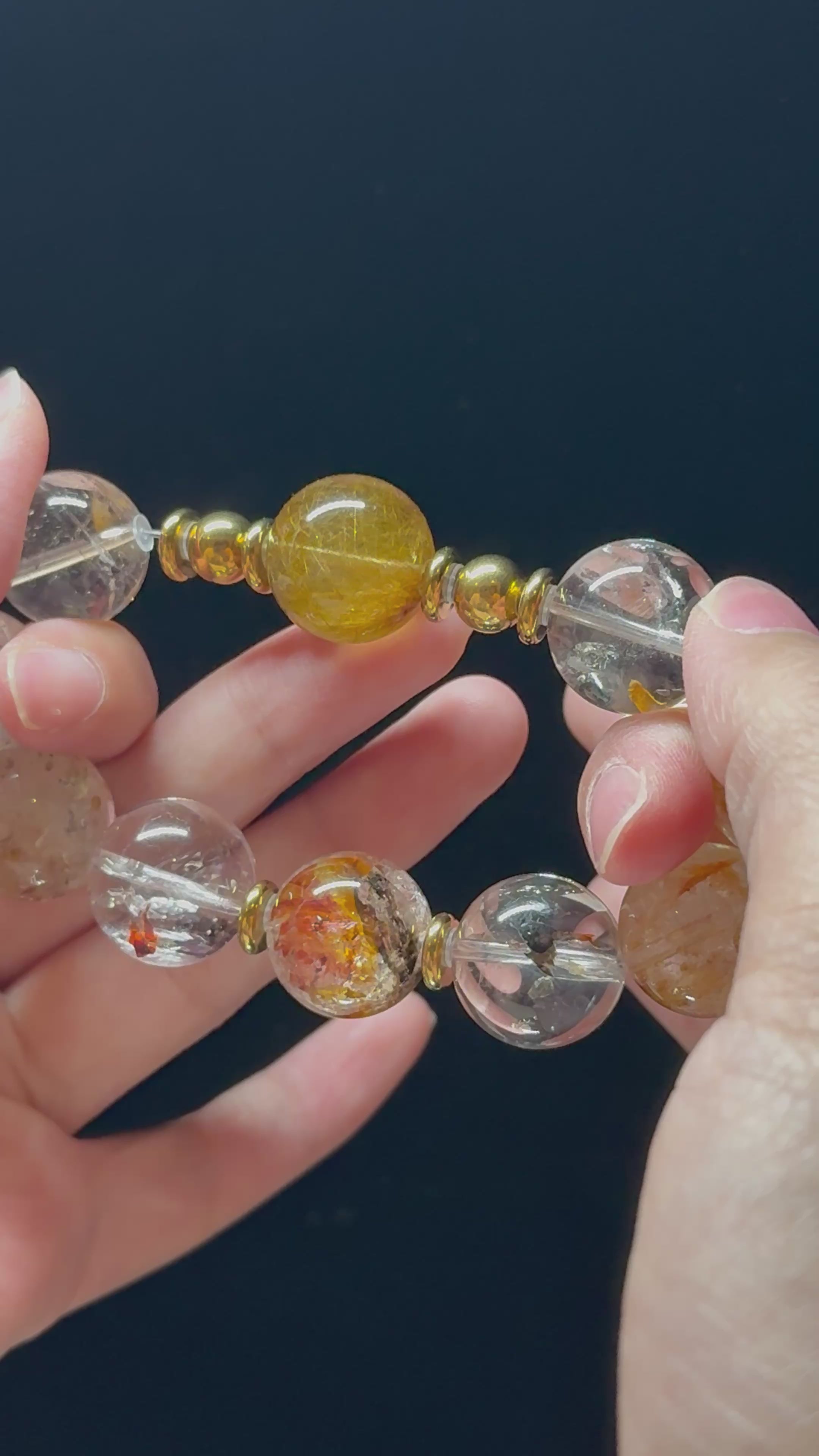 Golden Rutilated Quartz & Elestial Quartz Rainbow-Play Design Bracelet  17mm-18mm