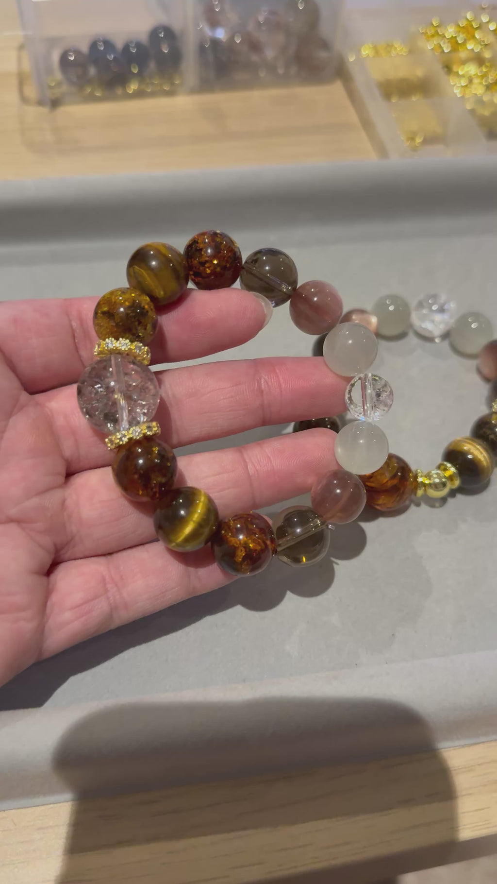 Black Herkimer • Amber • Tiger Eye • Smoky Quartz • Moonstone • Lepidolite 16cm Design Bracelet