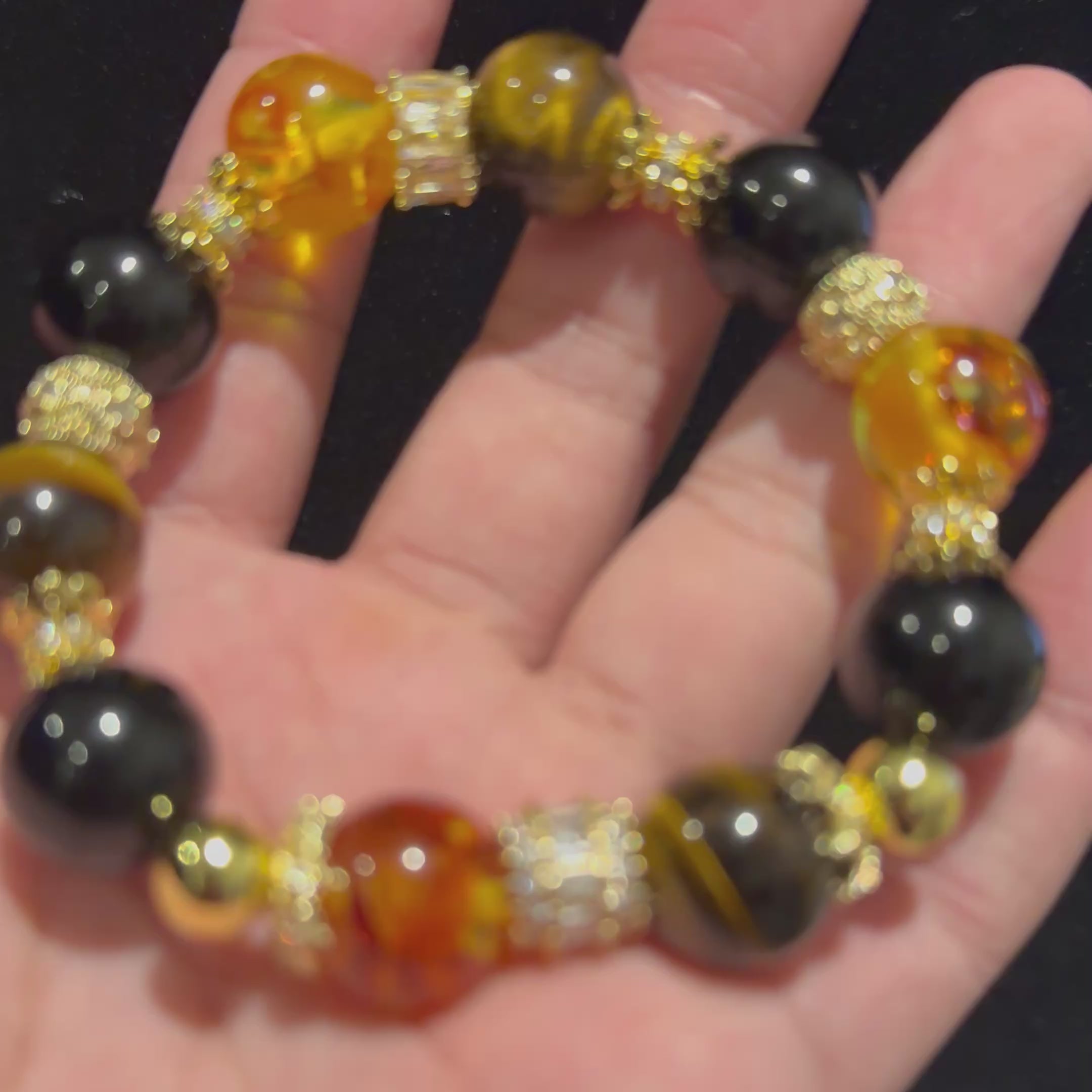 Piebald Amber, Tiger Eye & Obsidian Crystal Bracelet – 17cm (14mm)