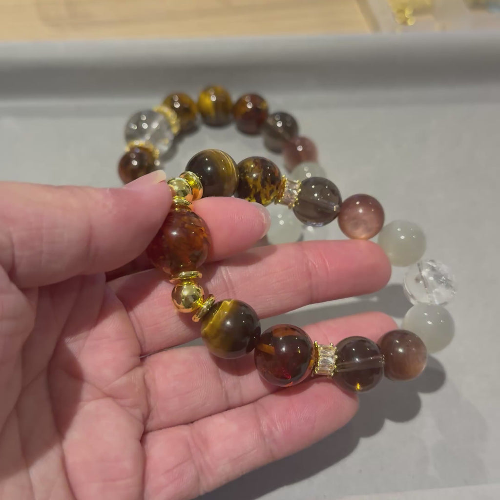 Amber • Tiger Eye • Smoky Quartz • Moonstone • Azeztulite 16cm Design Bracelet