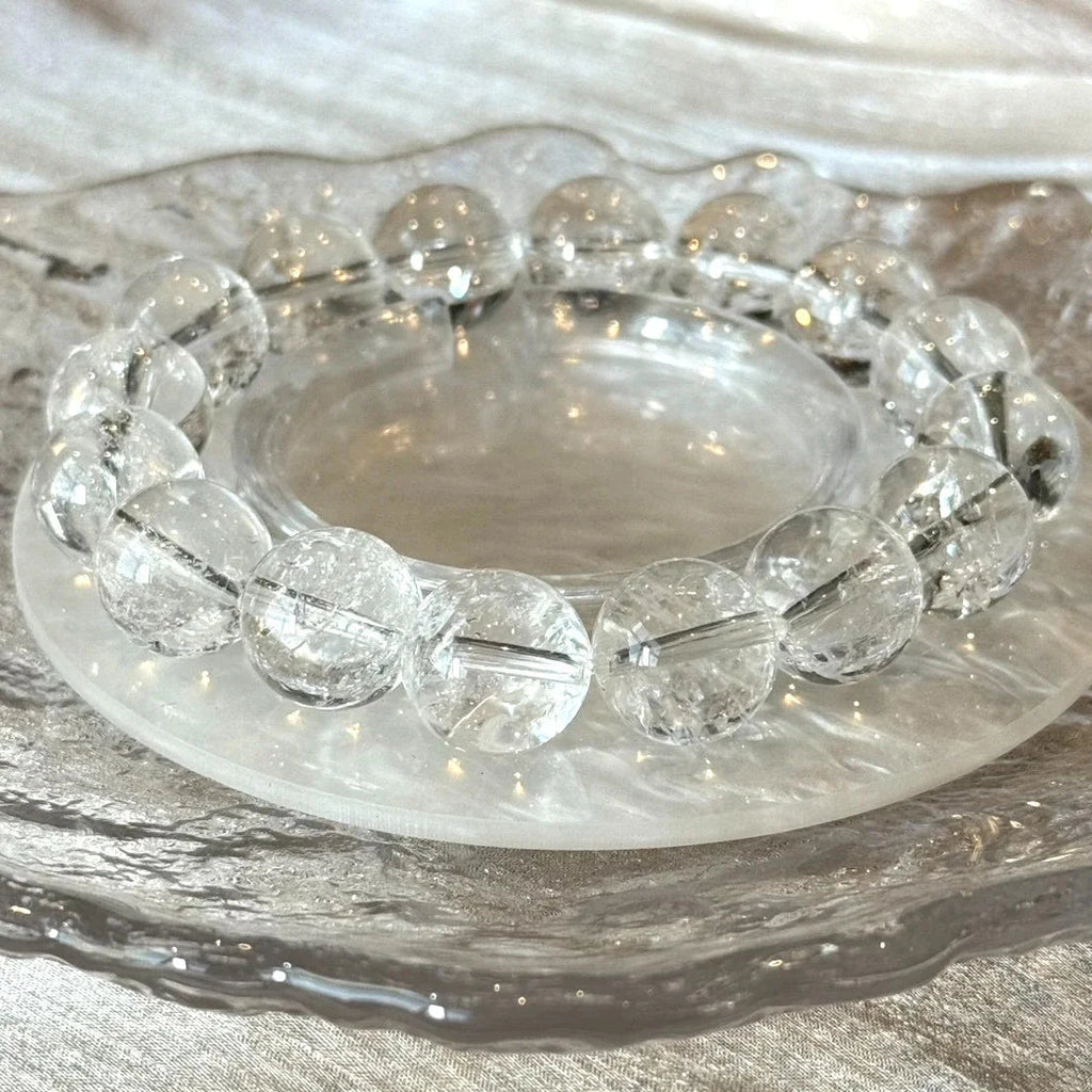 14 mm Natural Clear Azeztulite Quartz Rainbow Play Crystal Bracelet 14-17cm