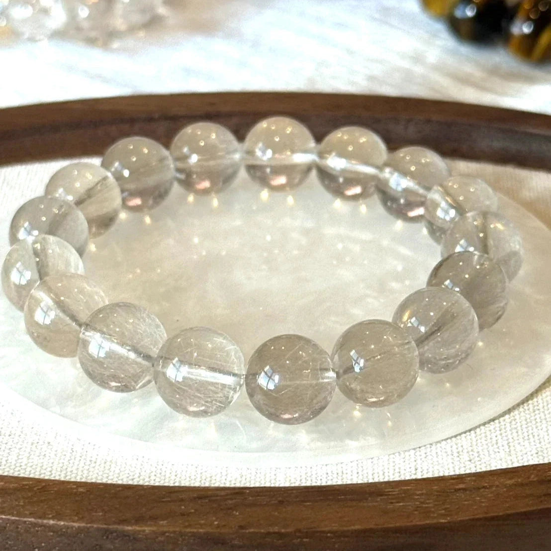 12mm-12.5mm Ice Rabbit Hair Quartz Crystal Beaded Bracelet 14-17cm Adjustable