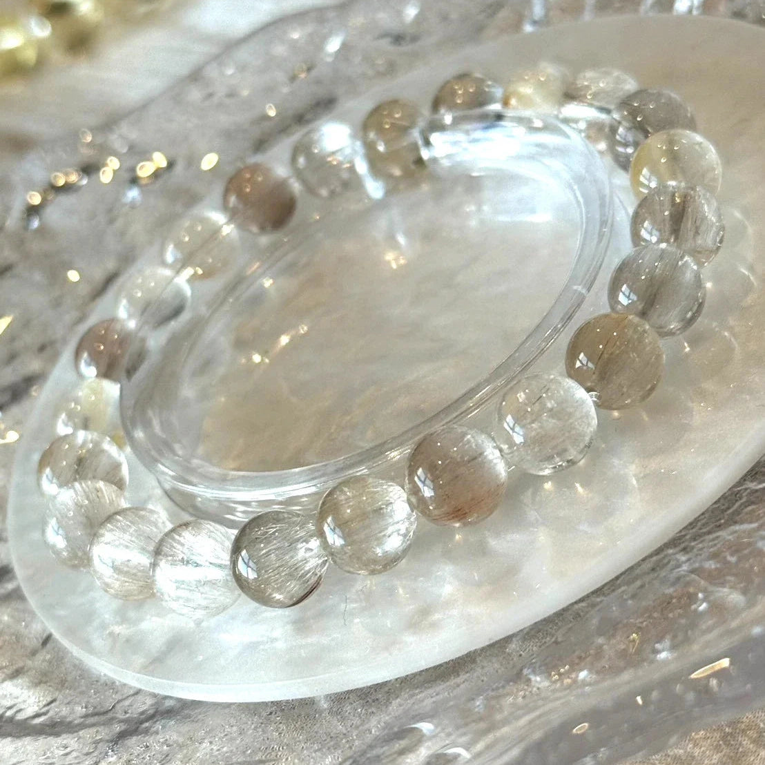 8.5-9 mm Ice Rabbit Hair Quartz Crystal Beaded Bracelet 14-17cm Adjustable