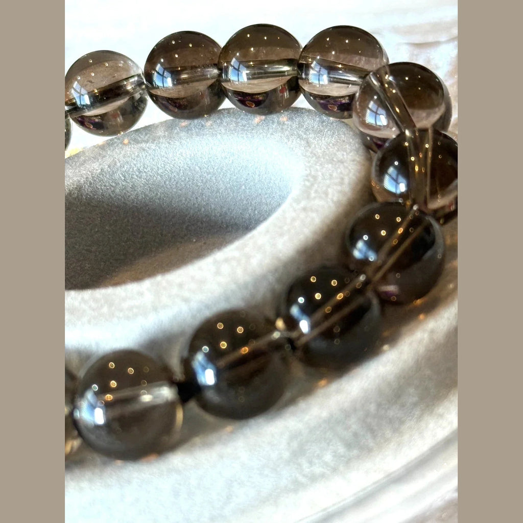 14 mm Natural Smoky Quartz Crystal Beaded Bracelet, 14-17cm Adjustable