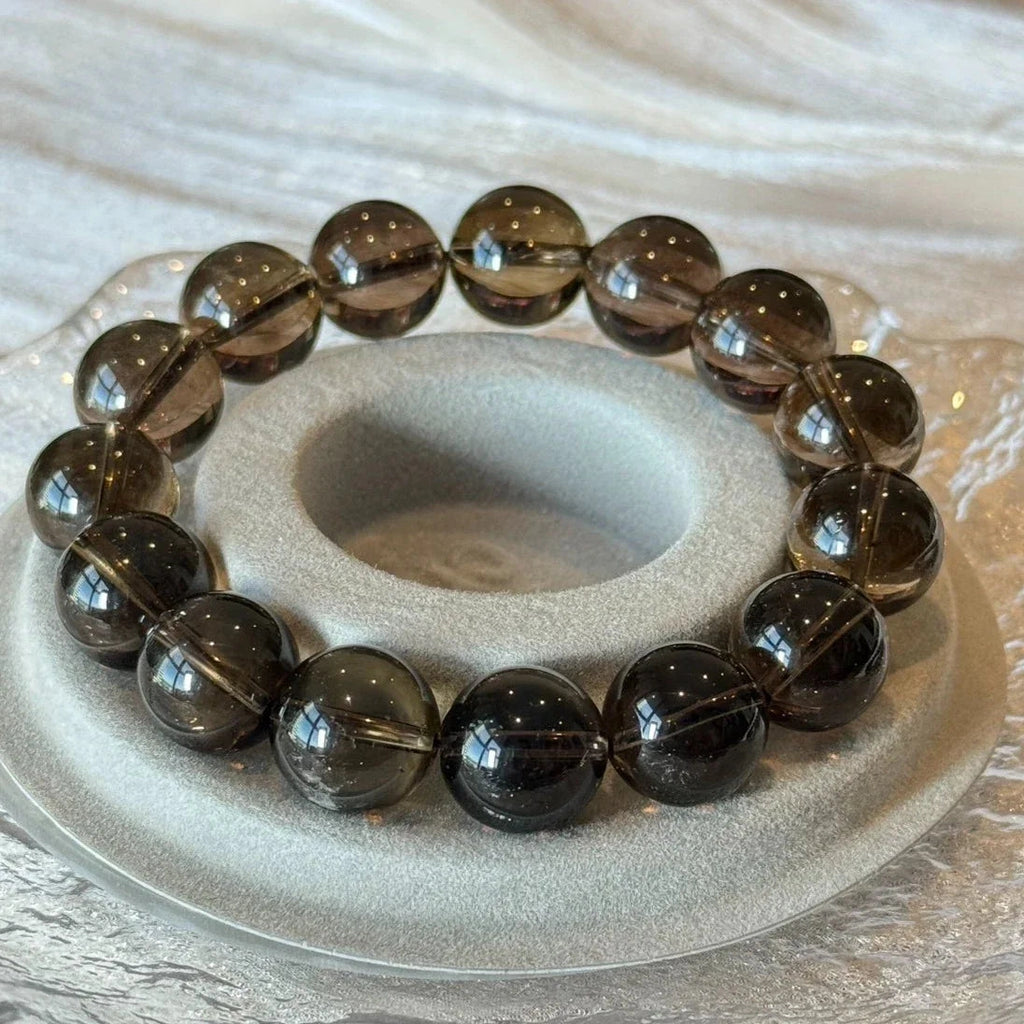 14 mm Natural Smoky Quartz Crystal Beaded Bracelet, 14-17cm Adjustable