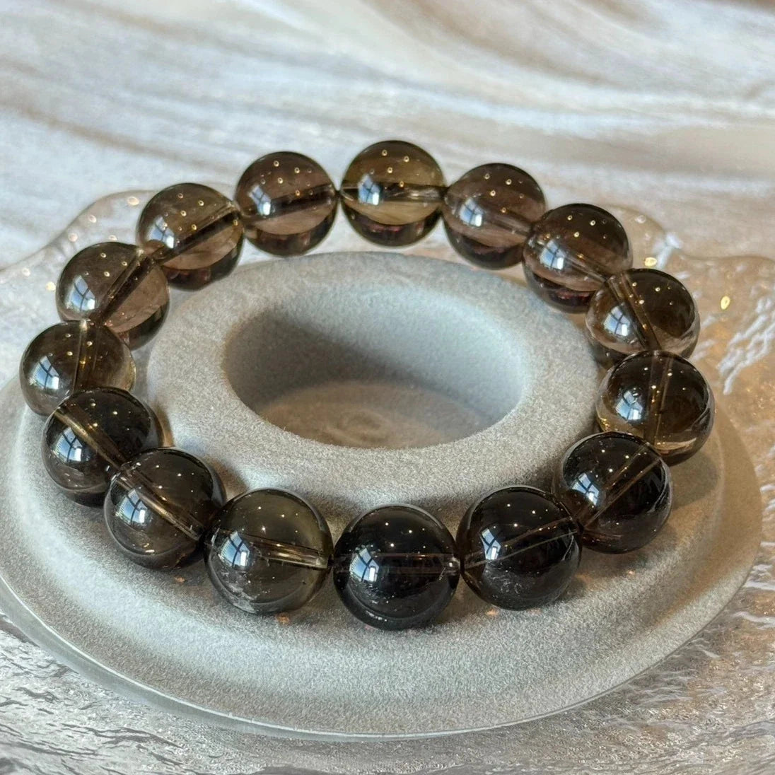 14 mm Natural Smoky Quartz Crystal Beaded Bracelet, 14-17cm Adjustable