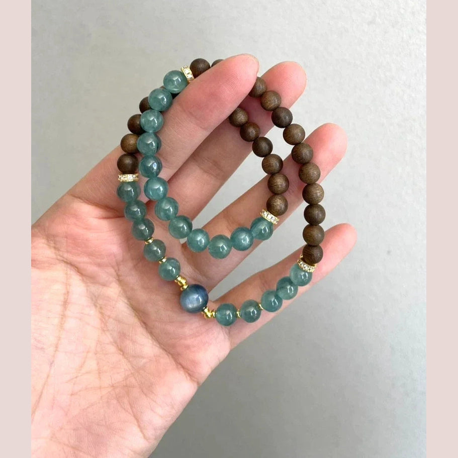 6-7mm Blue-Green Kyanite Agarwood Beaded Bracelet Gold-Tone 14-17cm Adjustable