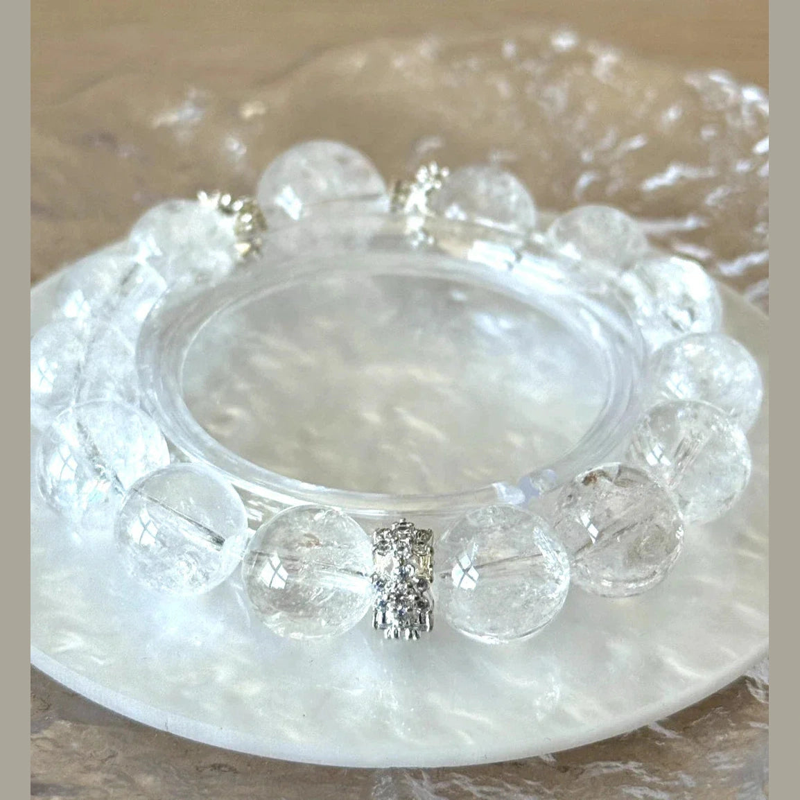 12mm & 15mm Clear Quartz Azeztulite Rainbow Play Crystal Beaded 15cm Bracelet