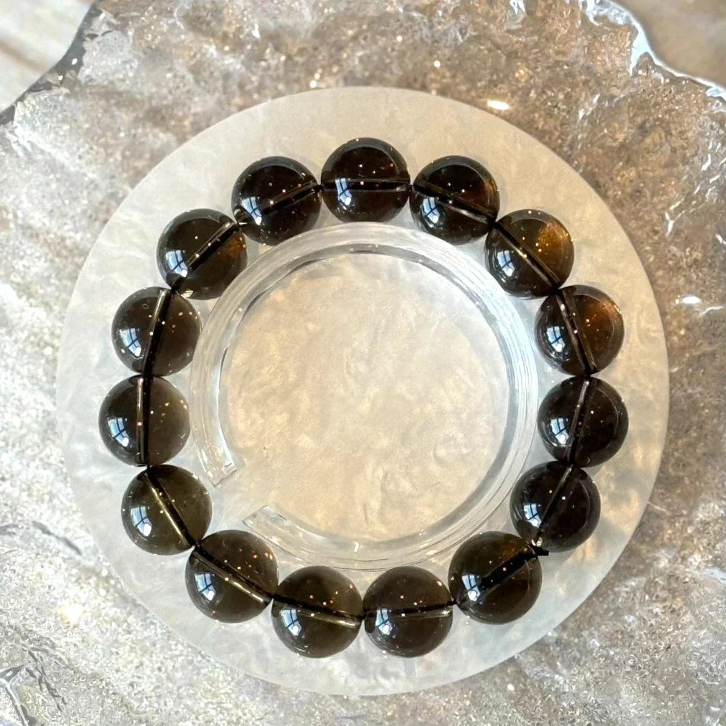 14 mm Natural Smoky Quartz Crystal Beaded Bracelet, 14-17cm Adjustable
